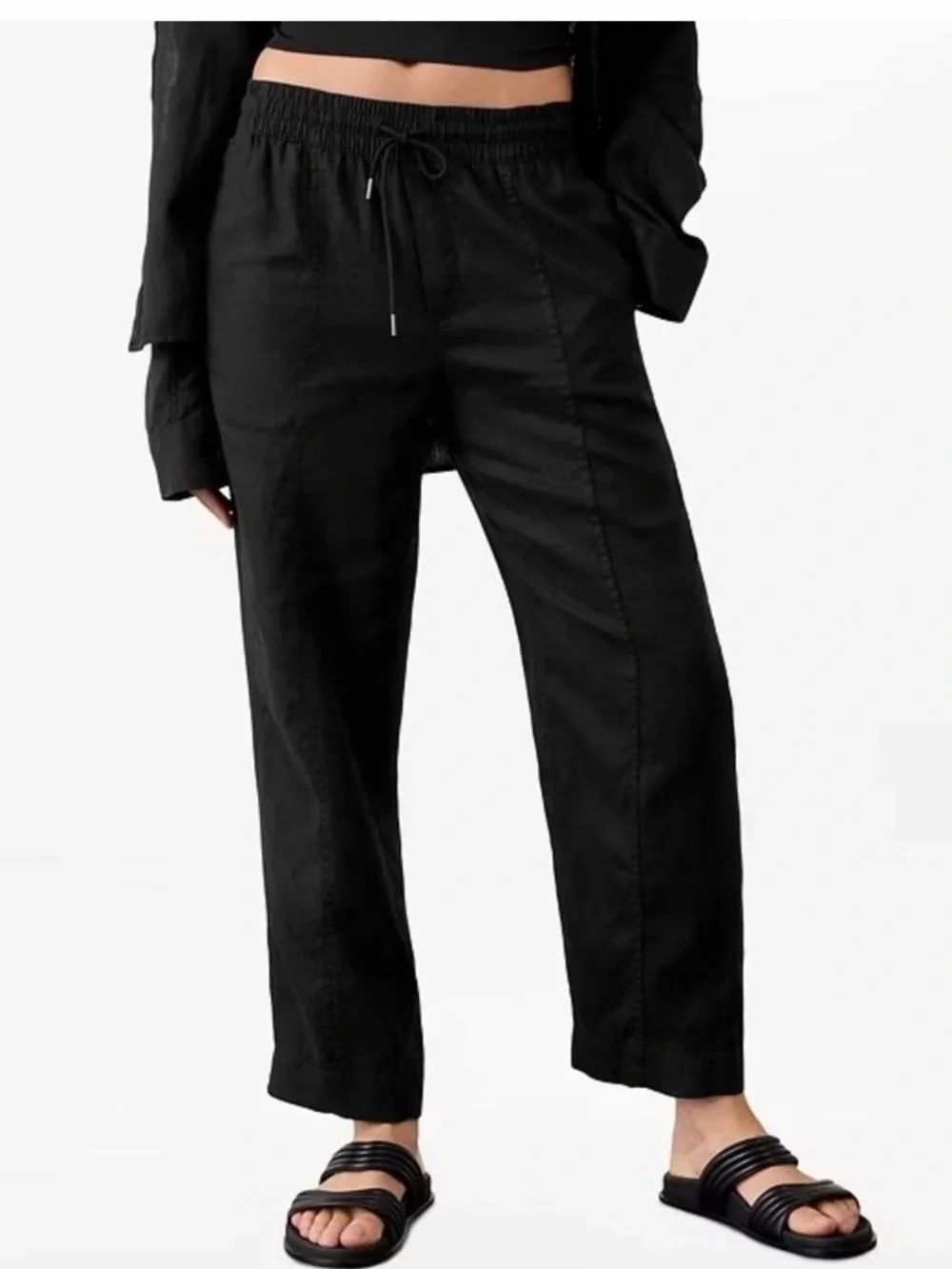 Athleta Retreat High Rise Linen Black Drawstring Pants EUC Medium - Picture 1 of 9